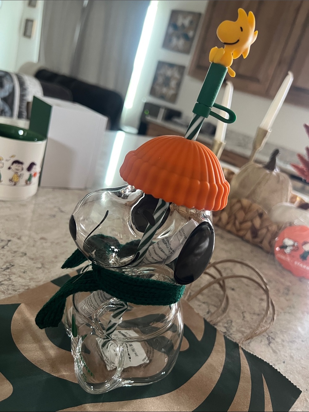 Starbucks Clear Glass Snoopy Shaped Tumbler with Orange Hat and Green Scarf